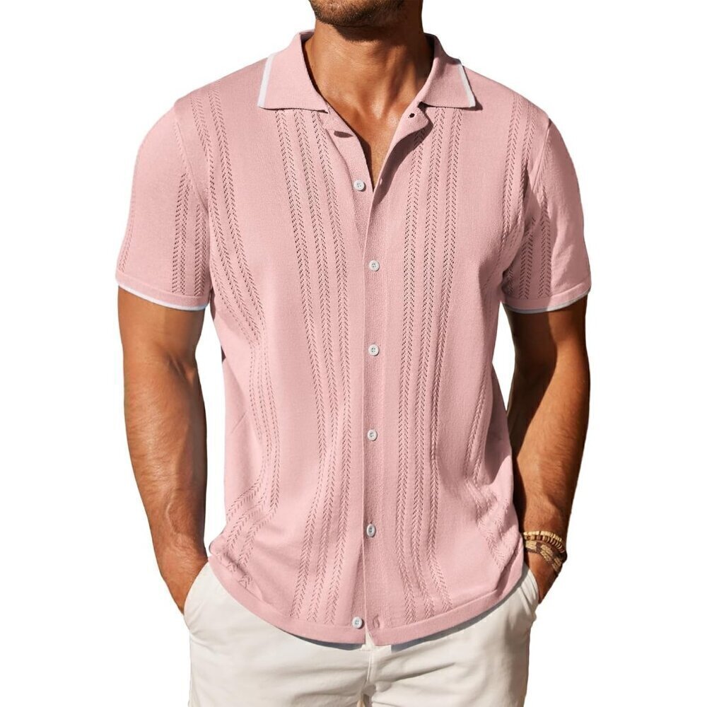 ❤️Men's Pink Button Down Shirt Vintage Short Sleeve Shirts Casual Beach Tops